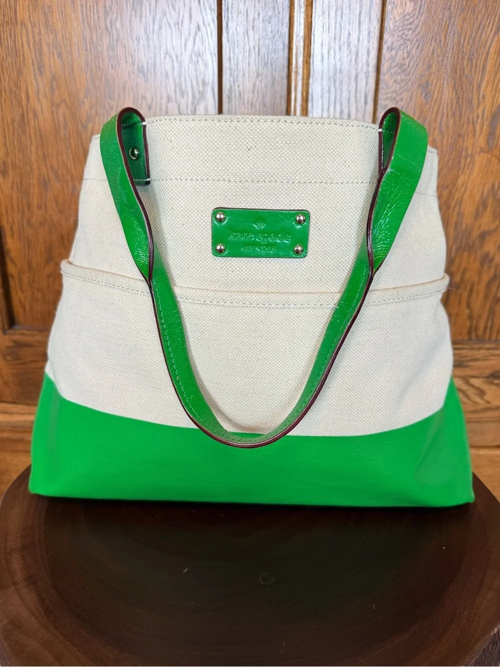 kate spade Green and Cream Canvas Tote with Shiny Green Trim